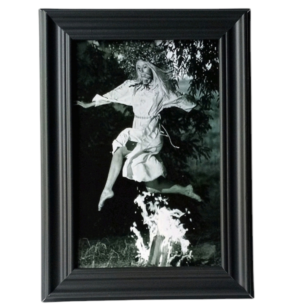 Vint Gypsy Flower Child Hippie  Wiccan 70s Peace Lovev Woman Jumpinhg Over Fire